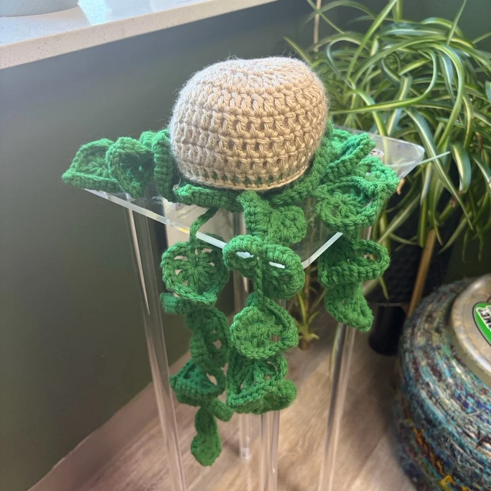 Handmade Green Crochet Hanging Plant Accent - Home Accents